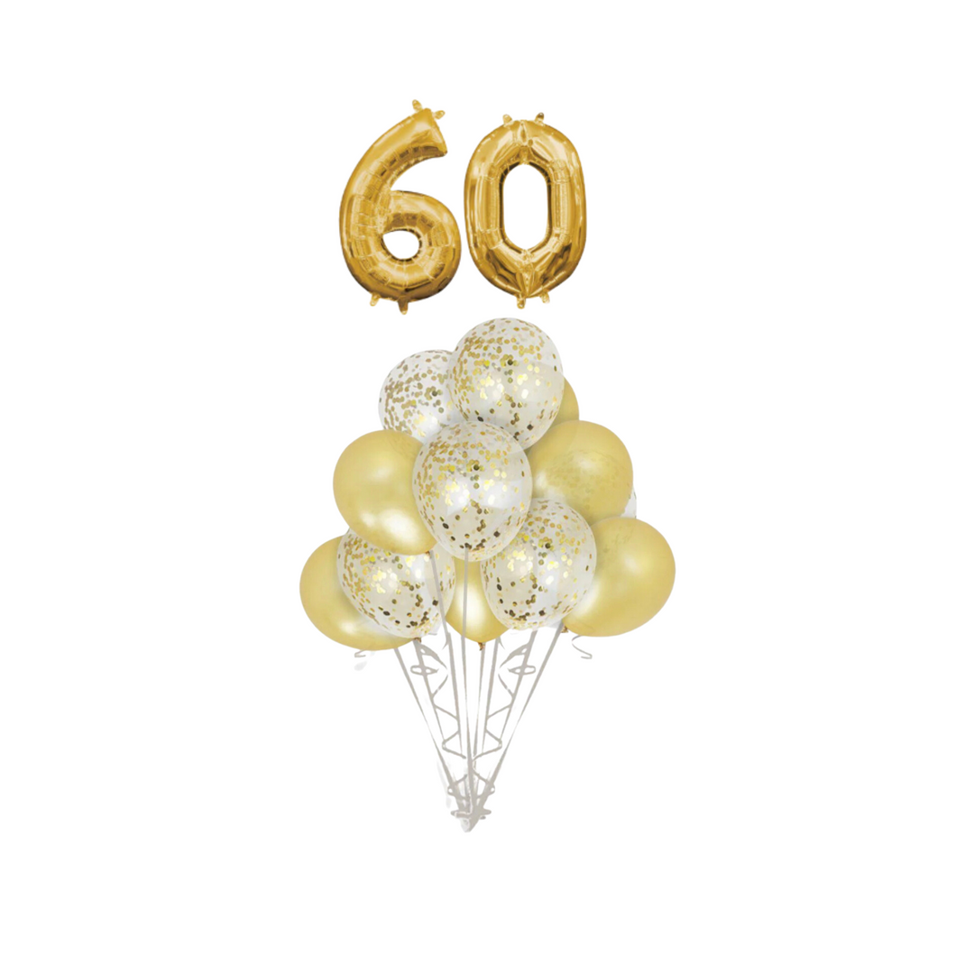 Gold Confetti Latex Balloon with Silver number 60 Bouquet, 14pc
