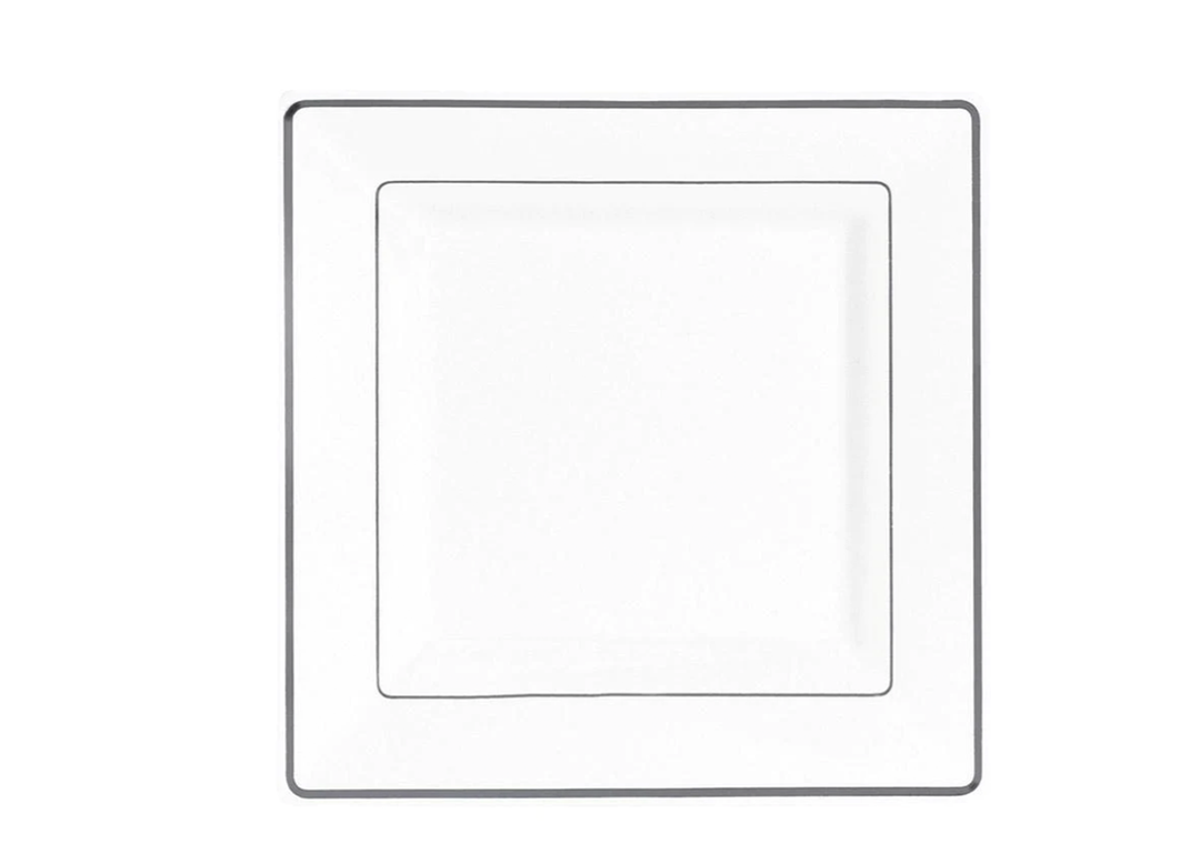 White with Silver Rim Plastic Square Dessert Plates, 10in, 10ct