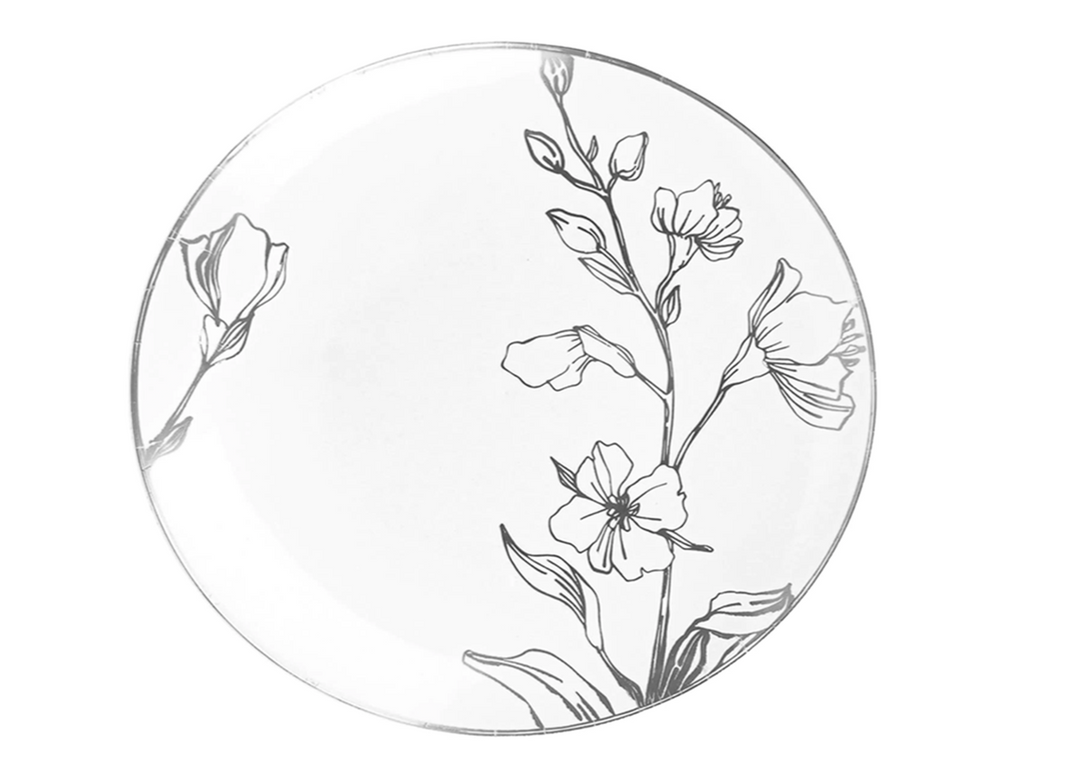 White Plastic Silver Floral Design Plates