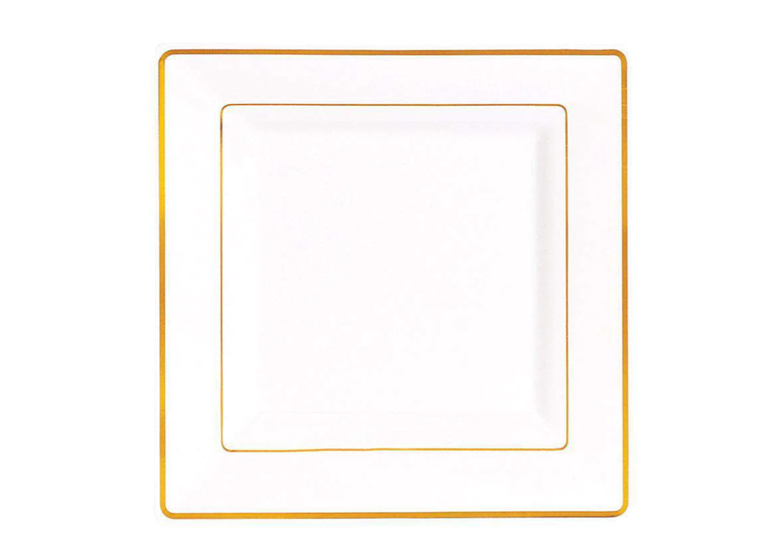 White with Gold Rim Plastic Square Dessert Plates, 10in, 10ct