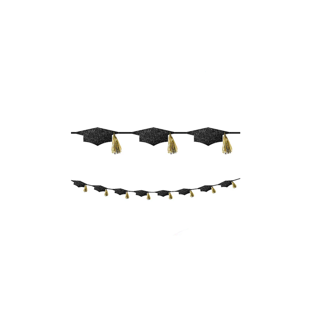 Black & Gold Glitter Grad Cap Tassel Garland
