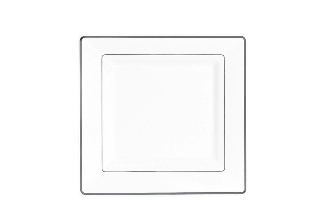 White with Silver Rim Plastic Square Dessert Plates, 6in, 10ct