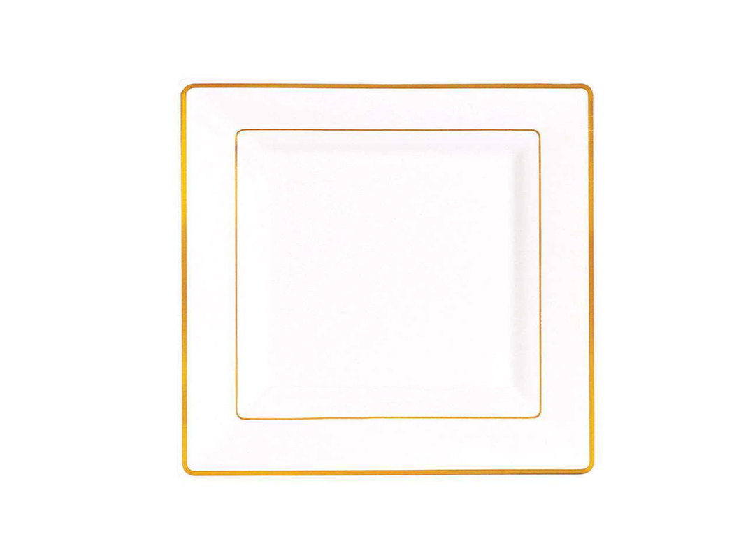 White with Gold Rim Plastic Square Dessert Plates, 6in, 10ct