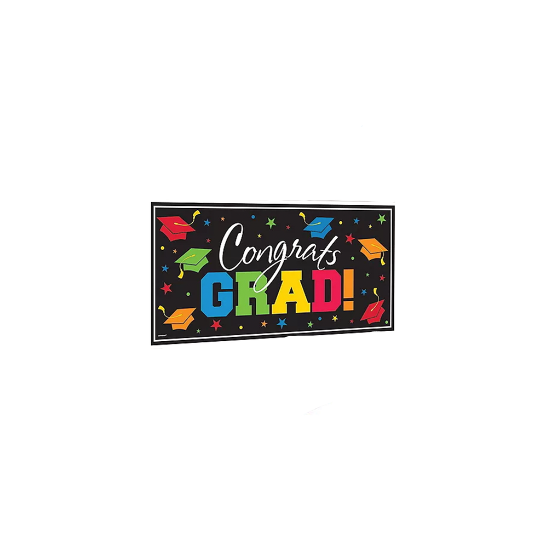 Multicolor with black background "Congrats Grad" Plastic Banner