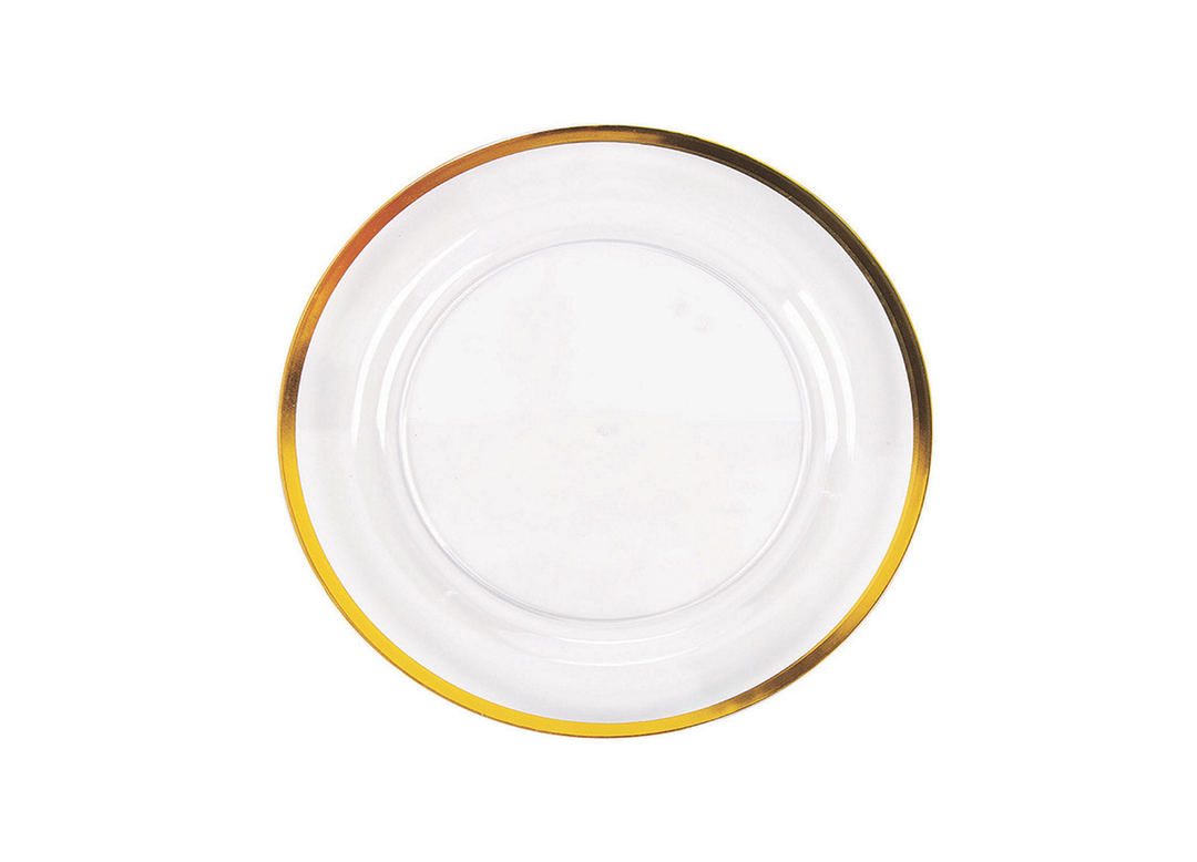 7" Silver Gold Trim Clear Plastic Dinner Plate, 10ct