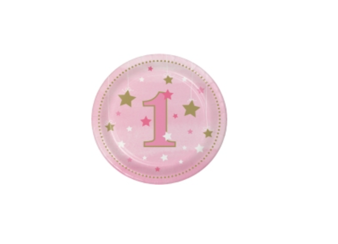 One Little Star Girl 1st Birthday Round Paper Dessert Plates, 8ct