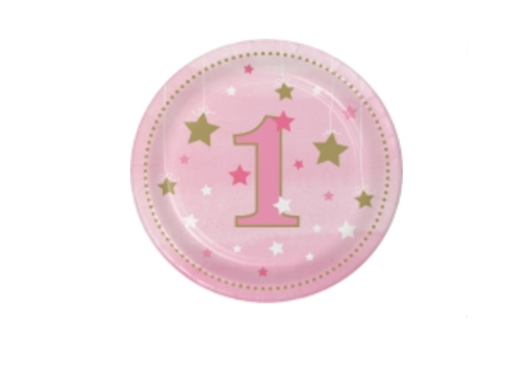 One Little Star Girl 1st Birthday Round Paper Lunch Plate, 8ct