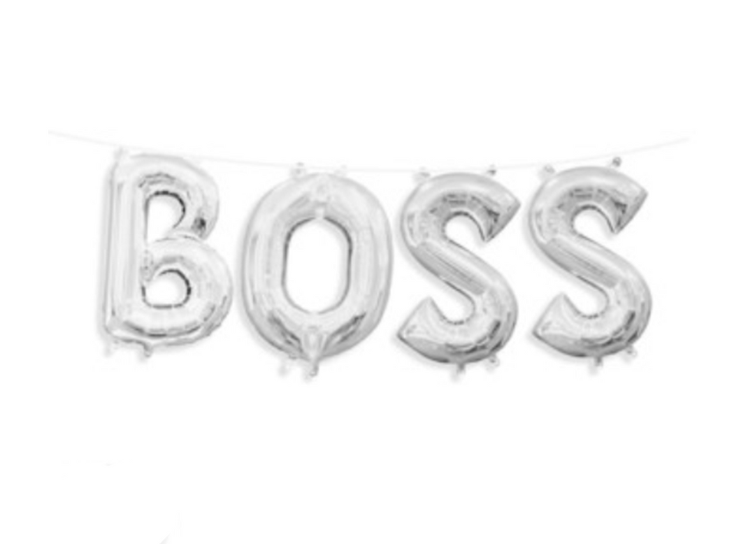 Silver " BOSS" Air Filled Balloons with Ribbon