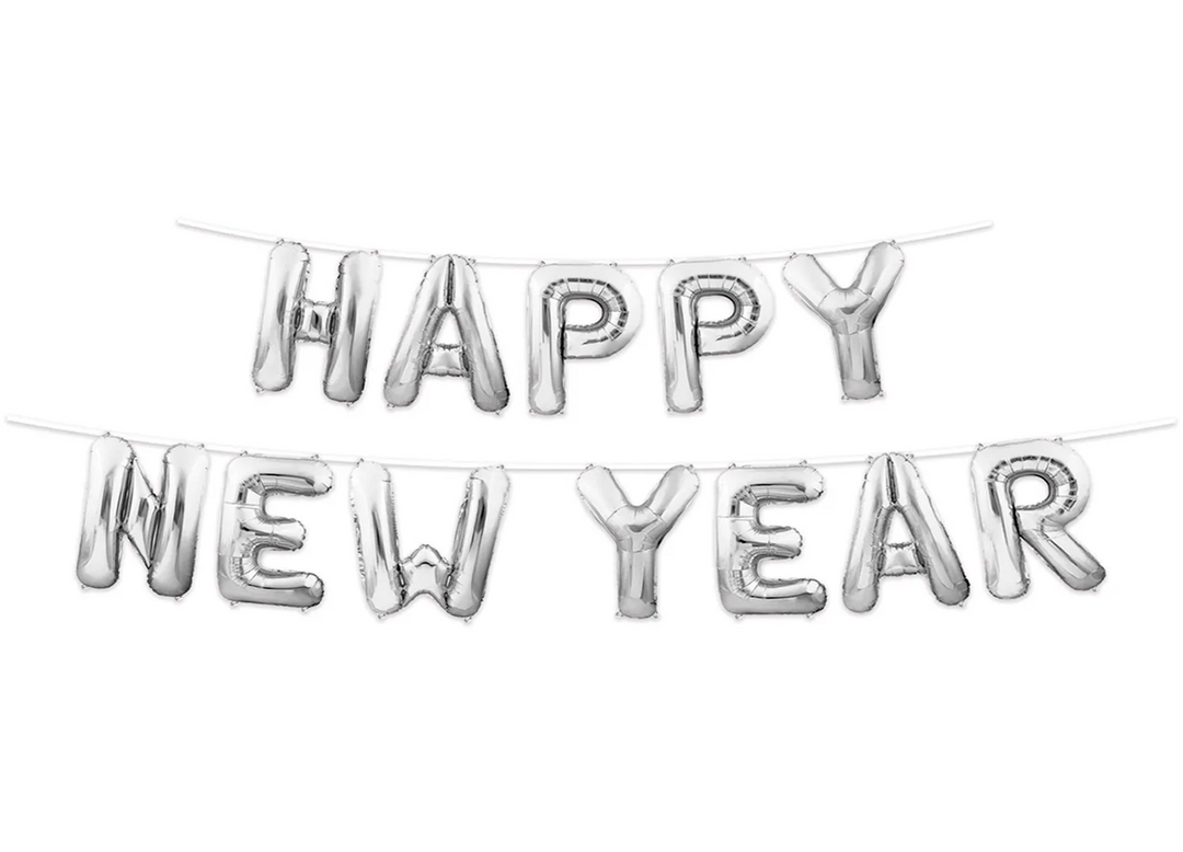Silver "HAPPY NEW YEAR " Air Filled Balloons with Ribbon