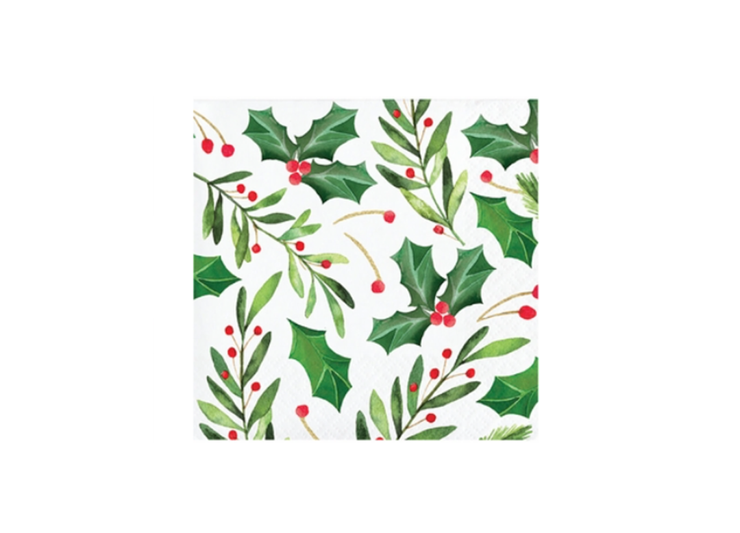 Traditional Holly Print Beverage Napkins, 16ct