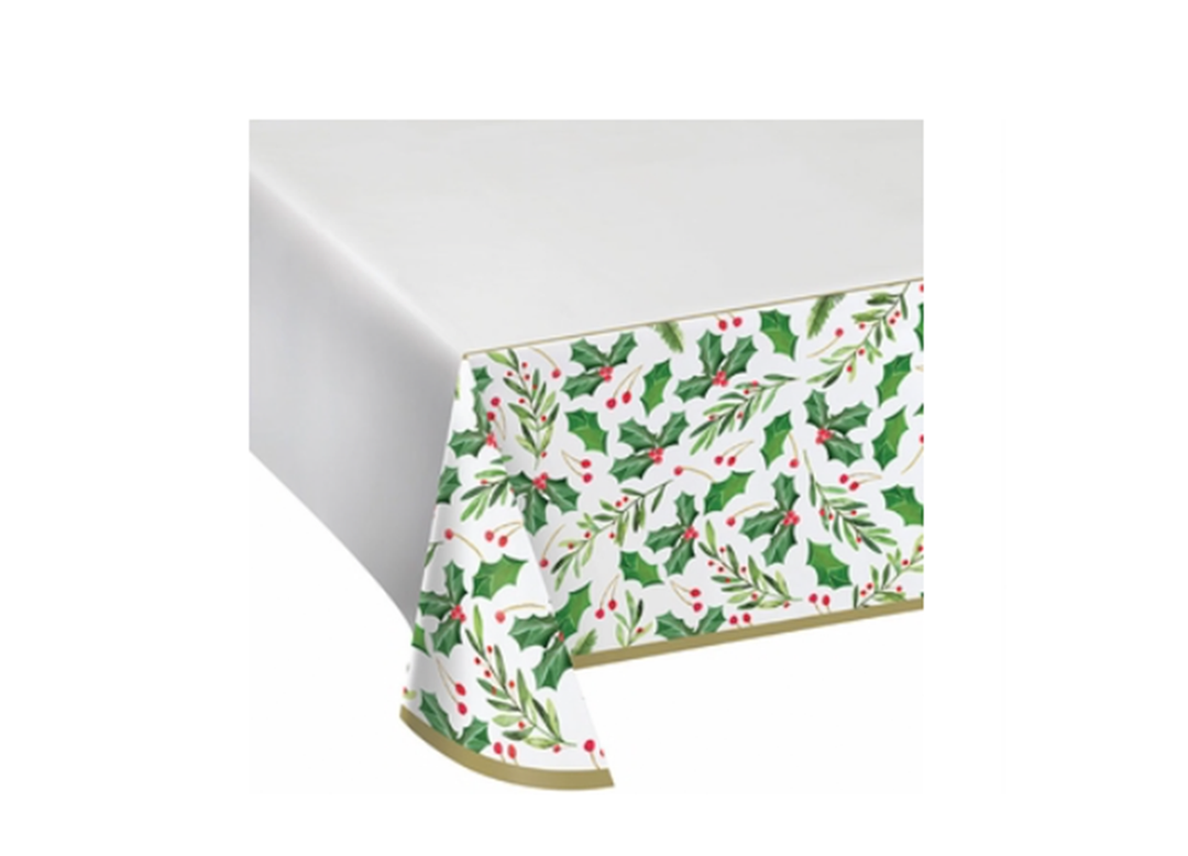 Traditional Holly Print Plastic Table cover, 1ct