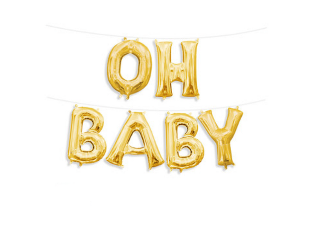 Gold "OH BABY " Air Filled Balloons with Ribbon