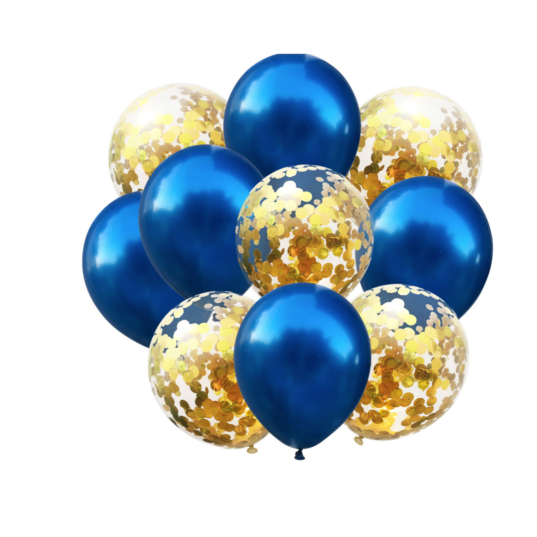 Blue solid and Gold Confetti Latex Balloons 10ct