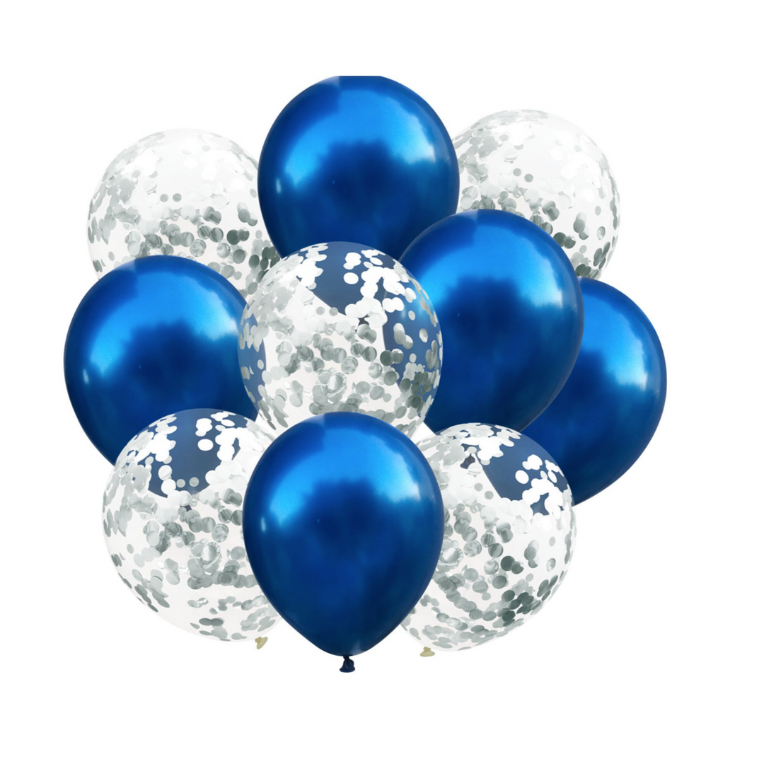 Blue solid and Sliver Confetti Latex Balloons 10ct