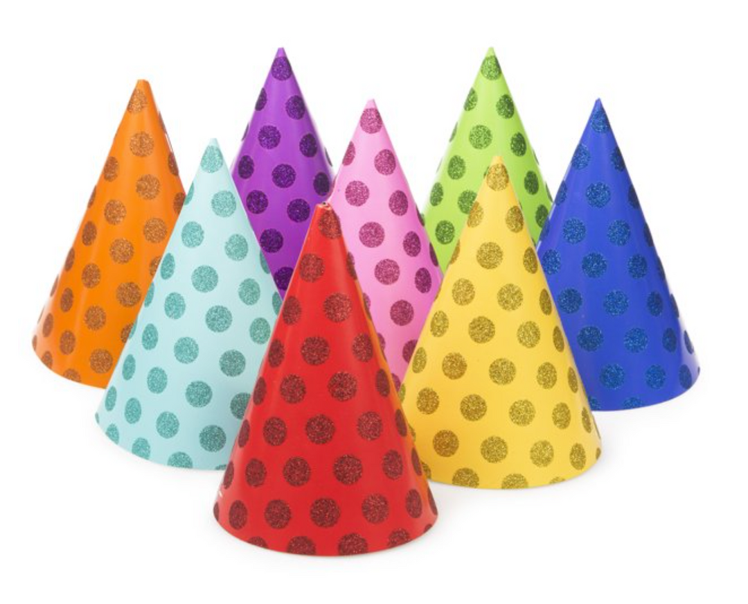 Primary Colored Birthday Cone Hats With Glitter Dots, 8 Ct