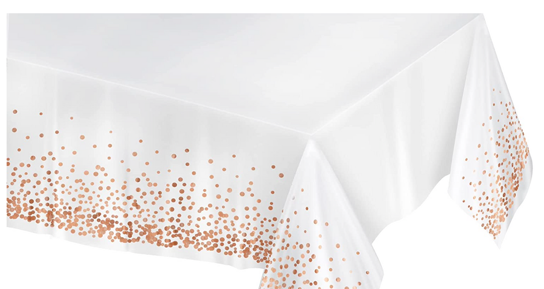 White Rectangle Disposable Plastic Table Cover with Rose Gold Dot