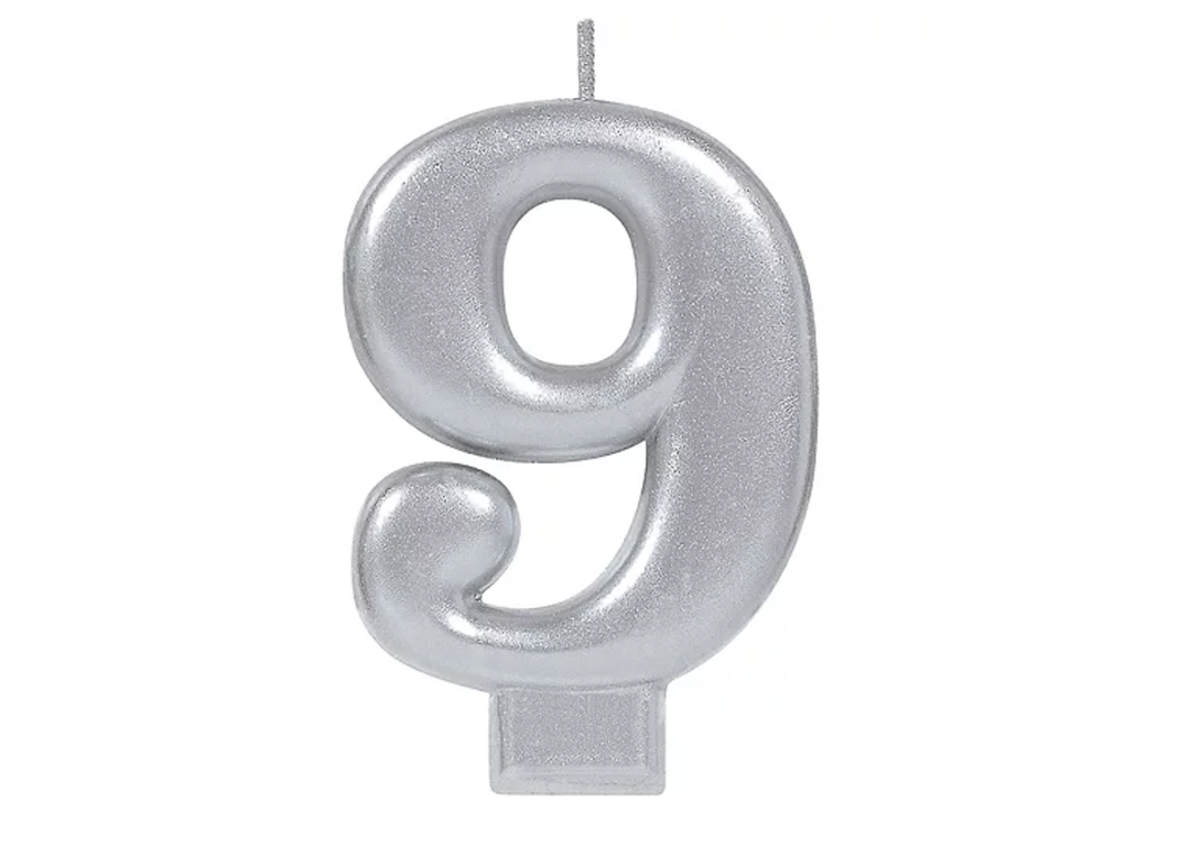 Silver Number 9 Birthday Candle