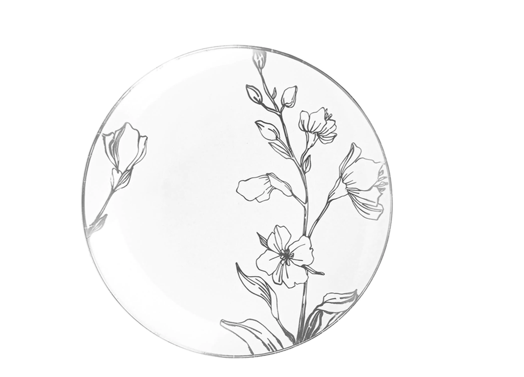 7" White Plastic Silver Floral Design Plates , 10ct