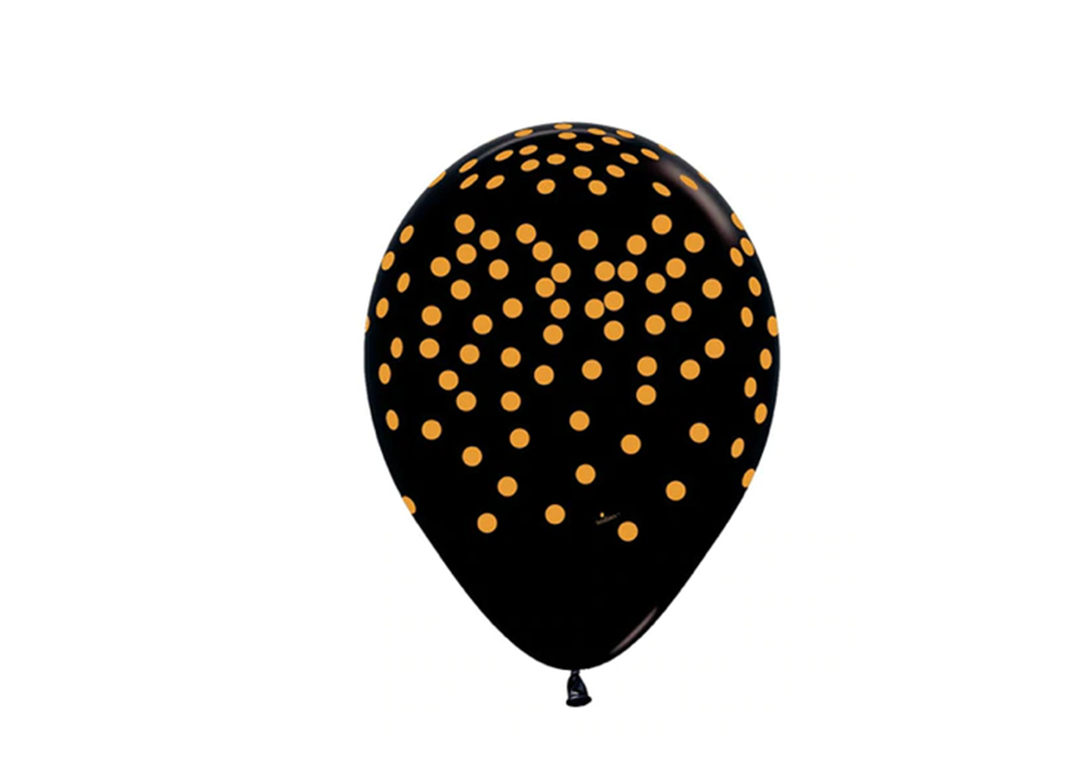 12" Black with Gold printed Dots Latex Balloons (15)