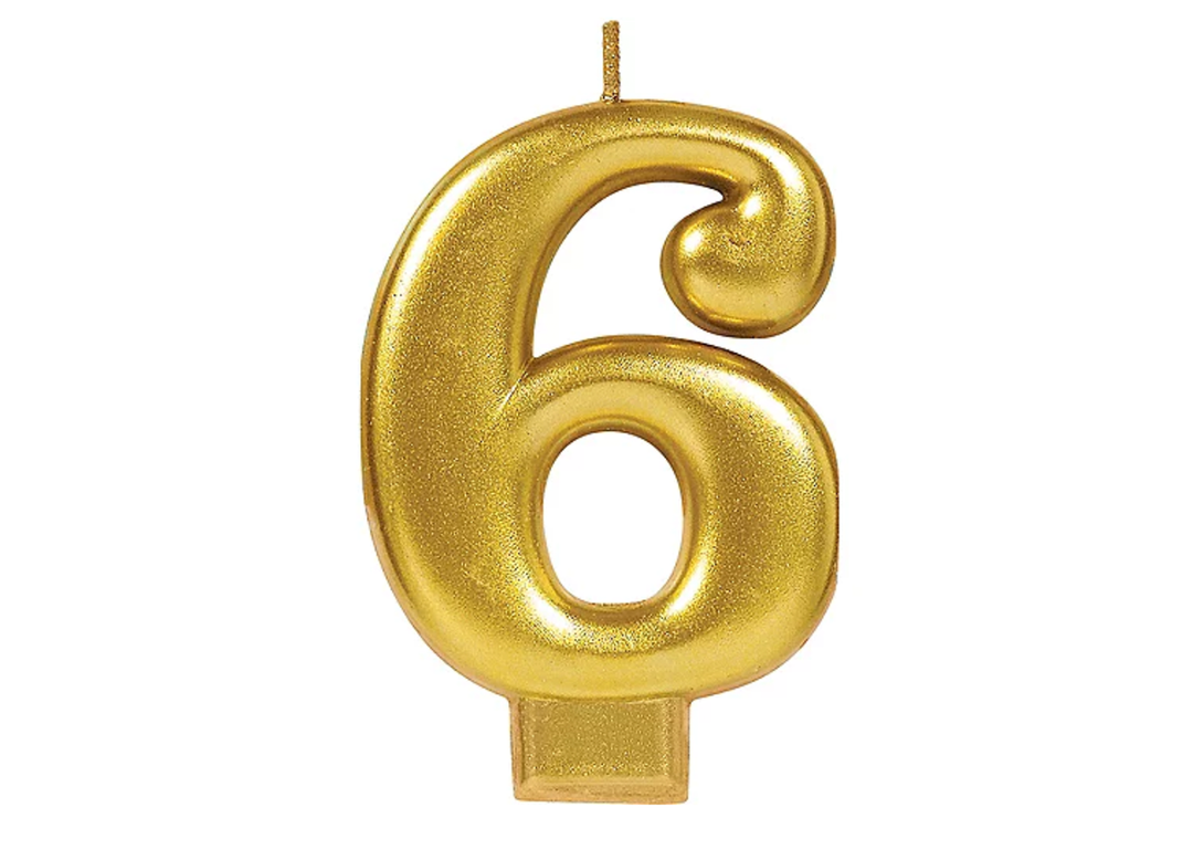 Gold Number 6 Birthday Candle
