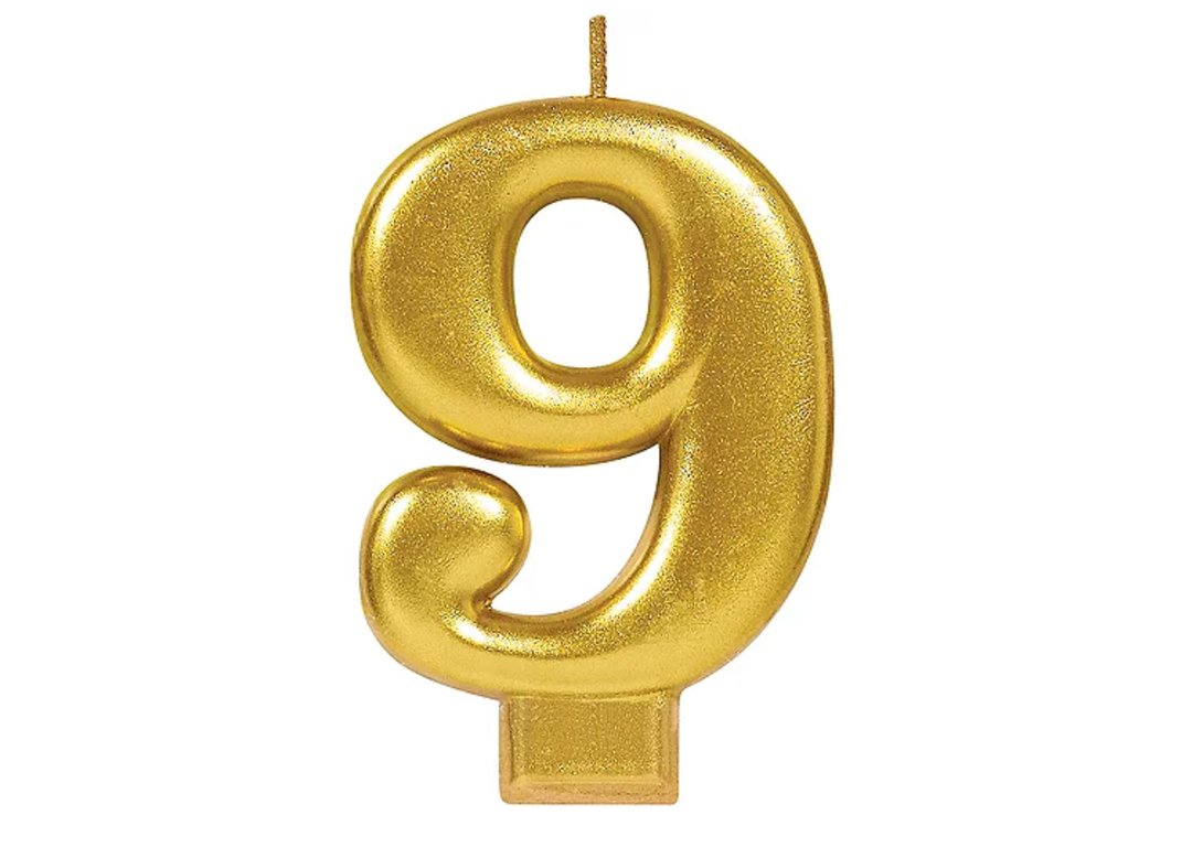 Gold Number 9 Birthday Candle
