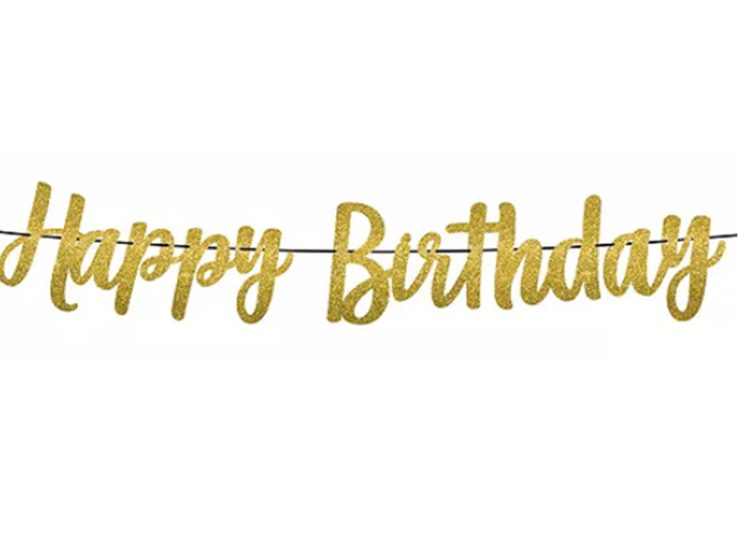 Gold Glitter Happy Birthday Banner with black Ribbon, 1ct