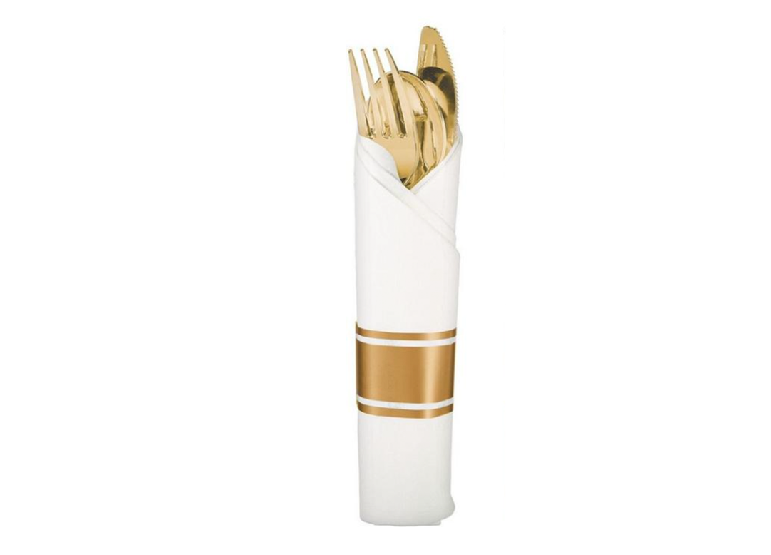 Pre-Rolled Gold Label with Napkin and Plastic Cutlery Set, 25