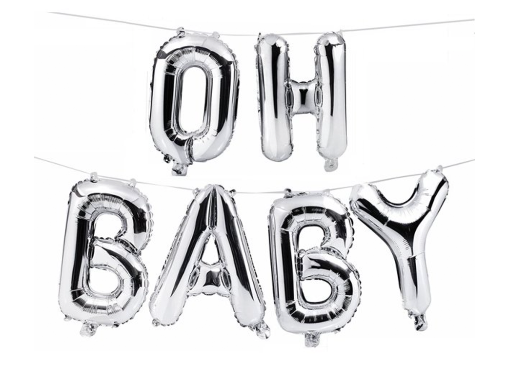 Silver "Oh Baby," Air Filled Balloon with Ribbon