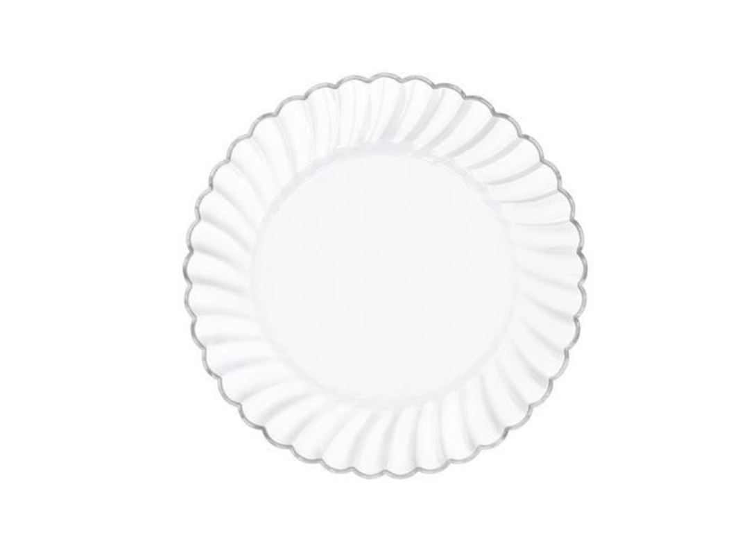 7" Silver Trim Plastic Scalloped Dinner Plate, 10ct