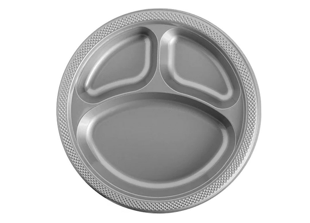 Silver Plastic Divided Dinner Plates, 20ct