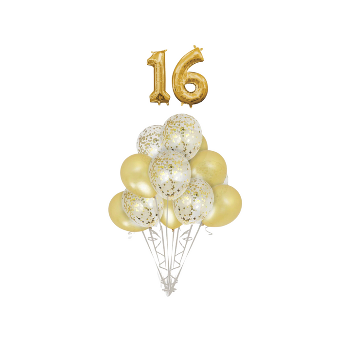Gold Confetti Latex Balloon with Gold number 16 Bouquet, 14pc
