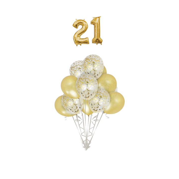 Gold Confetti Latex Balloon with Silver number 21 Bouquet, 14pc