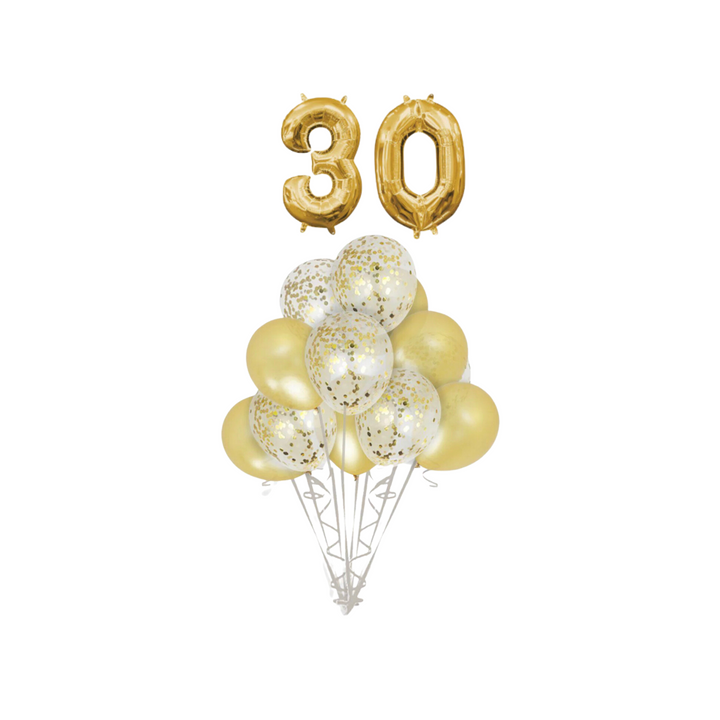 Gold Confetti Latex Balloon with Silver number 30 Bouquet, 14pc