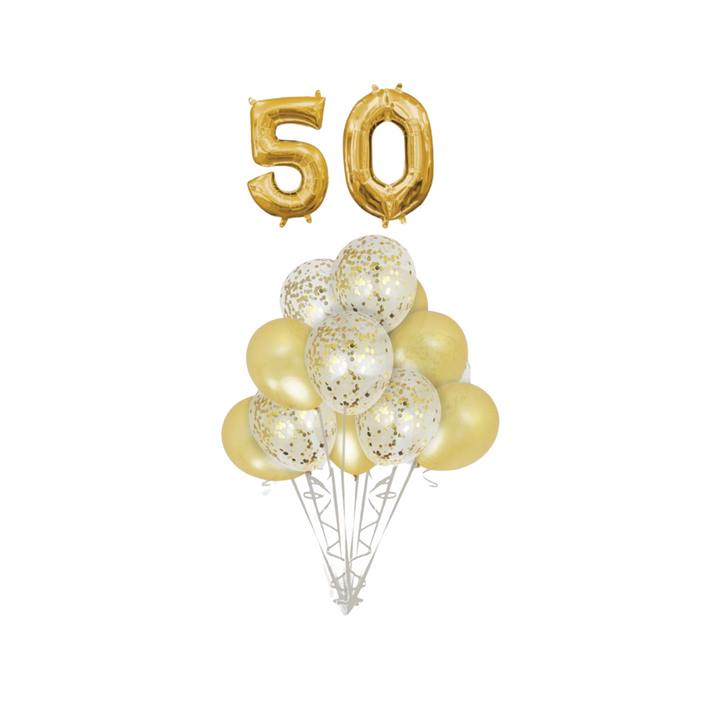 Gold Confetti Latex Balloon with Silver number 50 Bouquet, 14pc