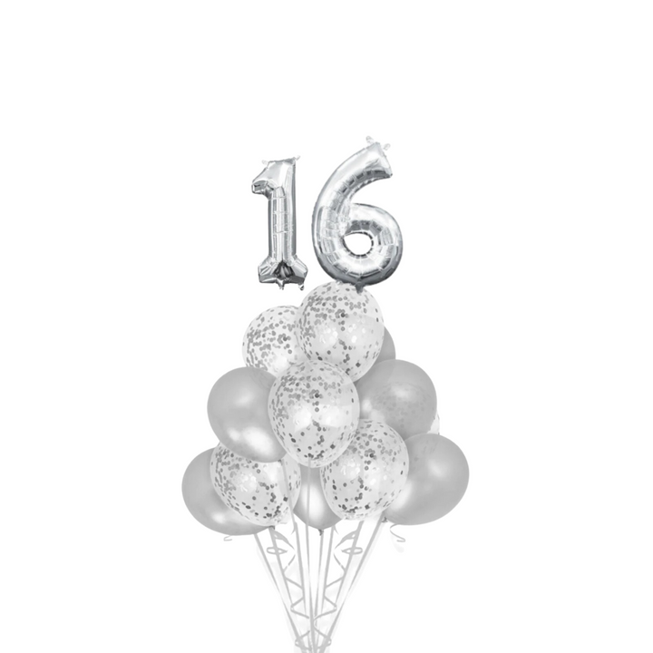 Silver Confetti Latex Balloon with Silver number 16 Bouquet, 14pc