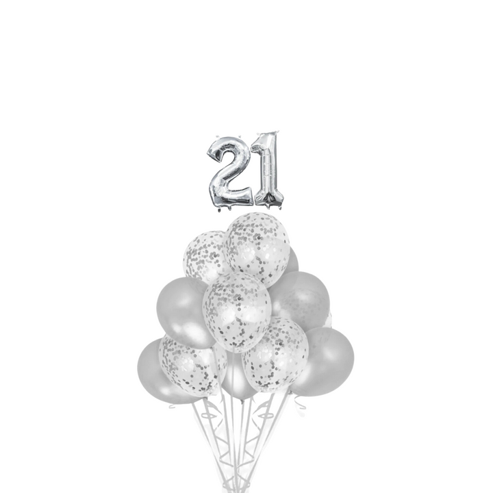 Silver Confetti Latex Balloon with Silver number 21 Bouquet, 14pc