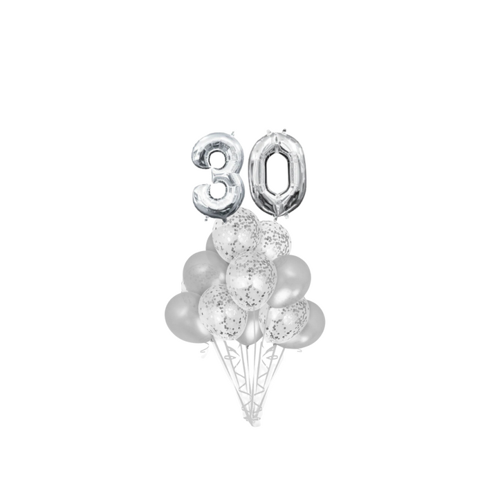 Silver Confetti Latex Balloon with Silver number 30 Bouquet, 14pc