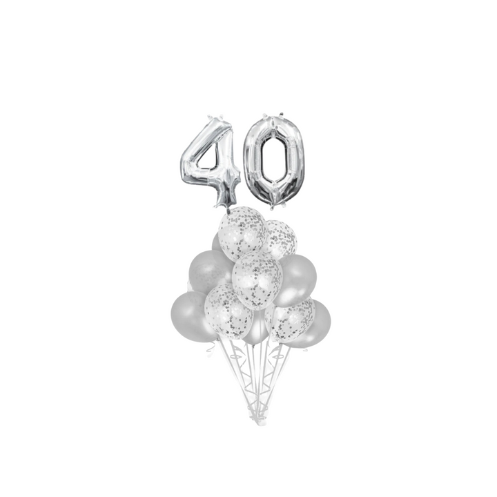 Silver Confetti Latex Balloon with Silver number 40 Bouquet, 14pc