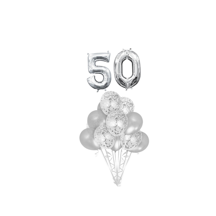Silver Confetti Latex Balloon with Silver number 50 Bouquet, 14pc