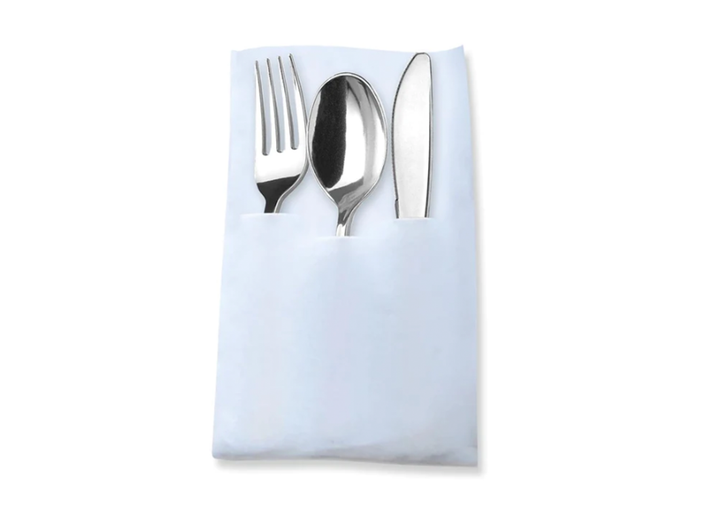 Silver Plastic Cutlery inside of White Pocket Napkin, 7count