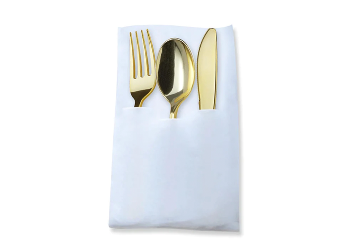 Gold Plastic Cutlery inside of White Pocket Napkin, 50count